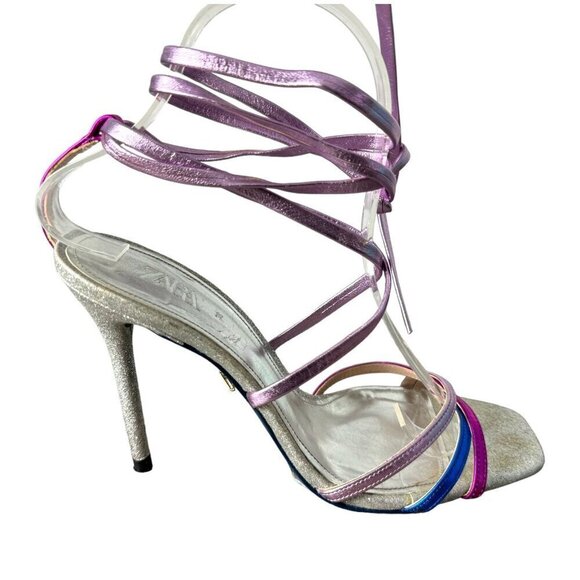 ZARA Blue Collection Sparkle Heels Lace-Up Glitter Metallic Formal Womens 7.5/38 - Picture 3 of 14